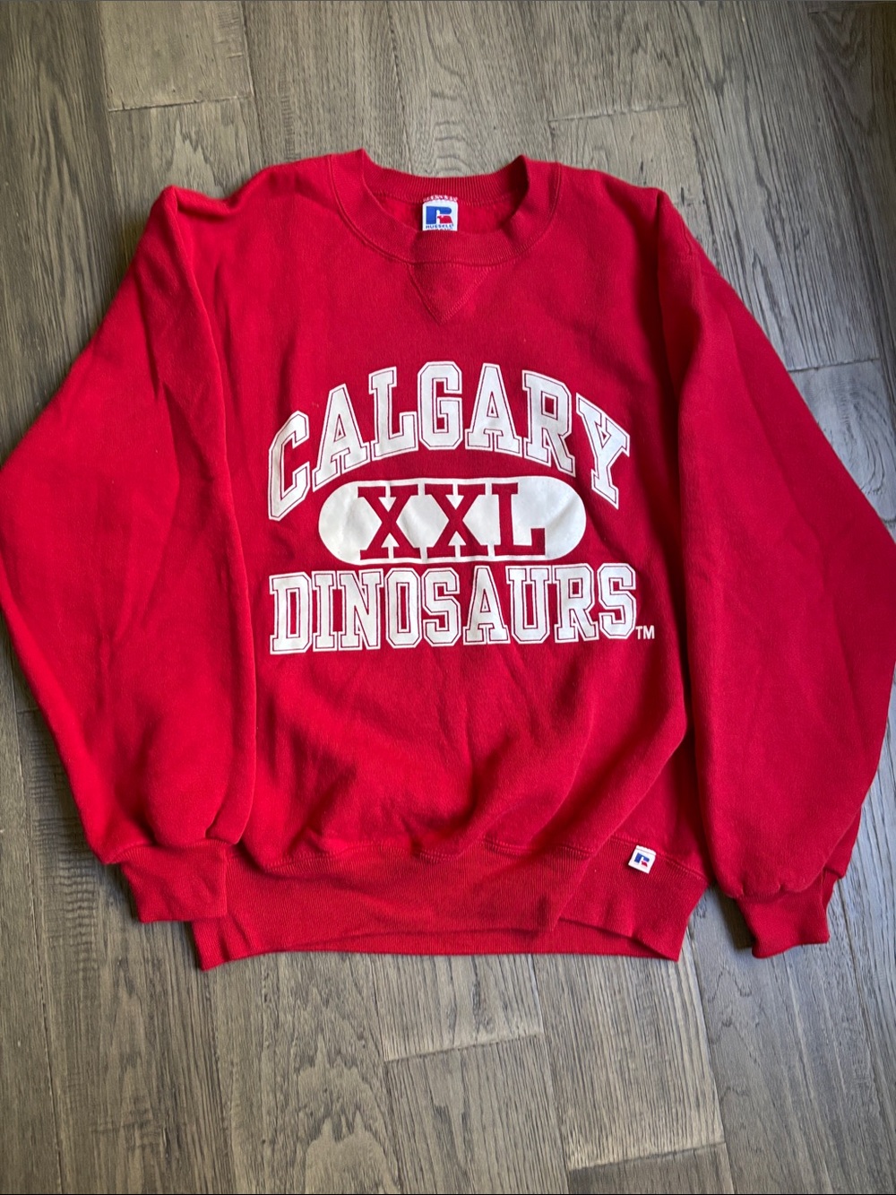 Russell Athletic | 1990’s Red Calgary XXL Dinosaurs Crewneck Sweatshirt Size Med